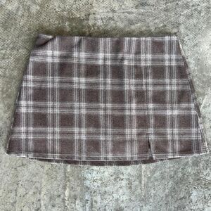 SO Plaid Mini Skort Brown Neutral Tartan Print XL Retro Slit Detail Comfortable